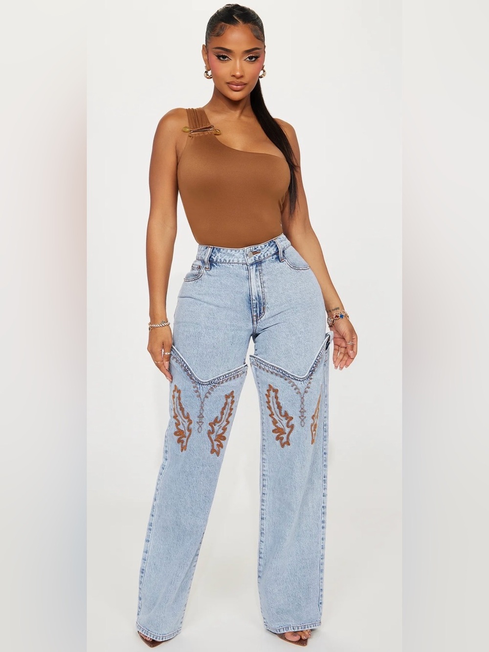High-Rise Convertible Jeans with Brown Embroidered Detail - converts into shorts